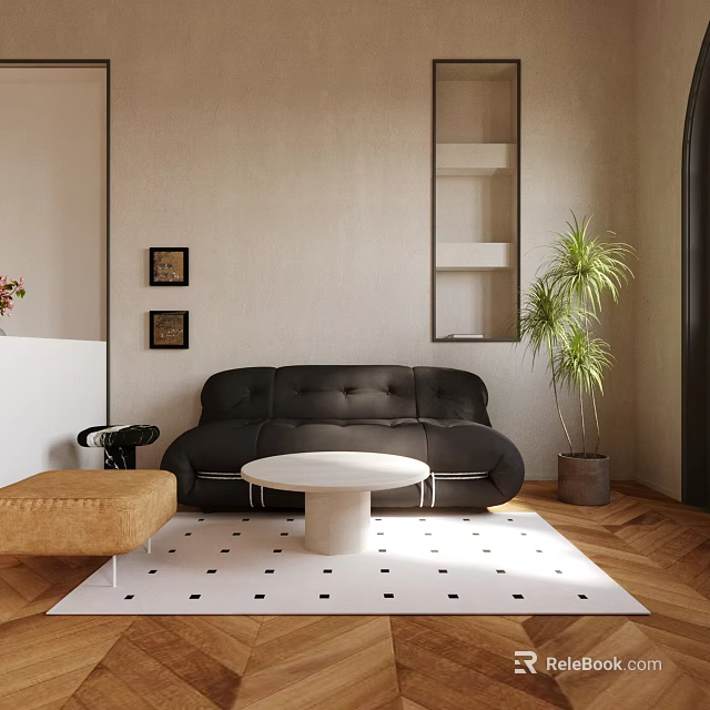 Hotel Public Lounge Area Featuring Black Sofa White Round Coffee Table And Potted Plant 3d model 