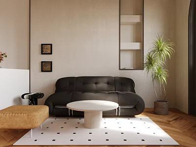 Hotel Public Lounge Area Featuring Black Sofa White Round Coffee Table And Potted Plant 3d model