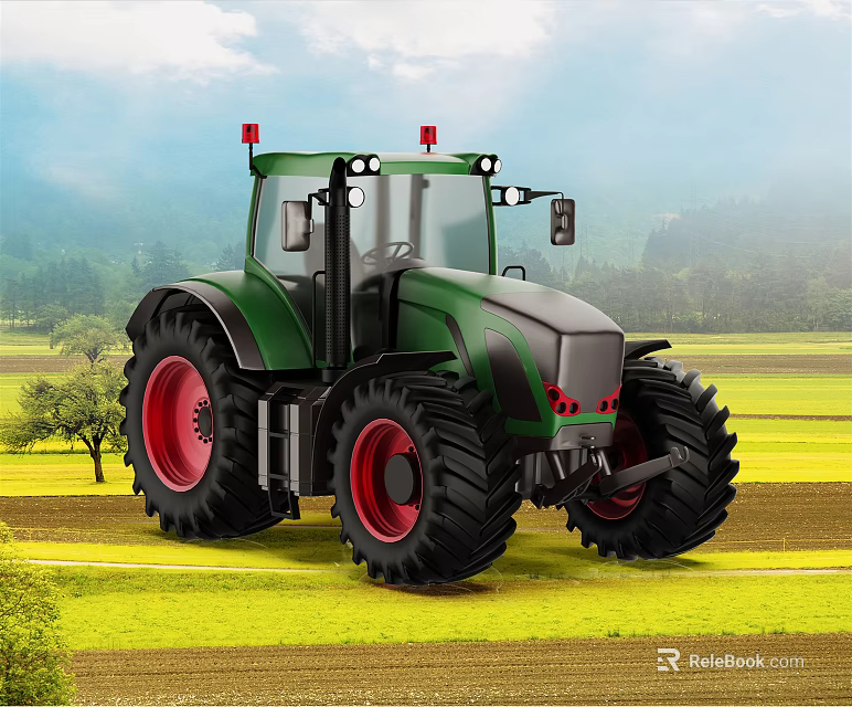 Green Agricultural Tractor With Large Red Tires In Rural Field Setting 3d model 