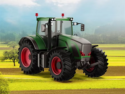 Green Agricultural Tractor With Large Red Tires In Rural Field Setting 3d model
