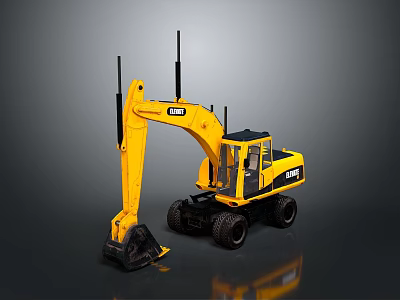 CAT Yellow Wheel Excavator With Long Boom Black Bucket And Operator Cab 3d model