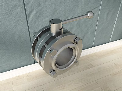 Industrial Metal Valve Equipment With Handwheel Installed On Green Wall And Light Wood Floor 3d model