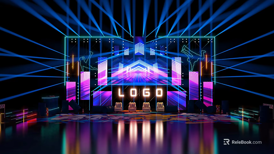 Modern Performance Stage With Neon Lighting Beams Background Screen And LOGO 3d model 