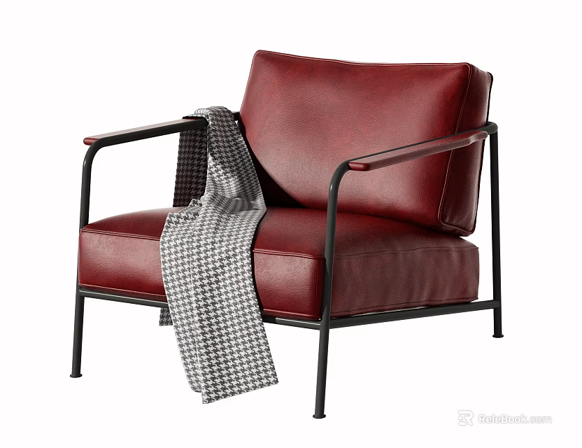 Red Leather Single Sofa With Black Metal Frame And Plaid Blanket 3d model