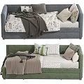 Cozy Upholstered Kids Bed in Green and Grey with Soft Pillows and Blankets