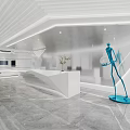 Modern Front Desk Reception Area With White Desk Marble Floor Blue Mannequin And Ceiling Lighting