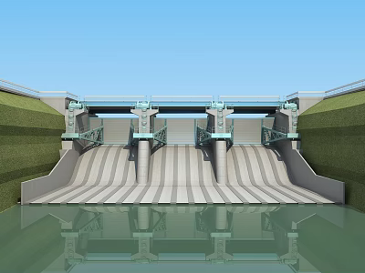 Concrete Dam Structure Featuring Water Gates Green Embankment And Reflection 3d model