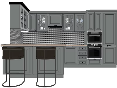 Gray Kitchen Cabinets With Glass Doors Wooden Countertop Hexagonal Tile Backsplash And Bar Stools 3d model