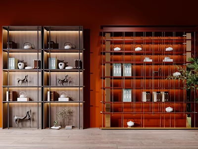 Shelving Units With Red Background Grid Design Tea Sets Books Decorative Items And Green Plant 3d model