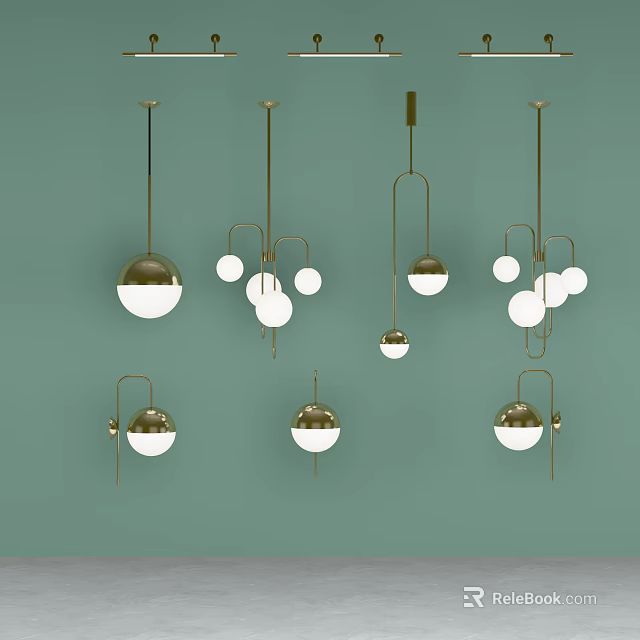 Modern Lighting Combination With Gold Frames And White Globe Shades On Light Green Background 3d model