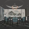 Luxury Modern Private Room Interior With Chandelier Landscape Painting And Dining Chairs