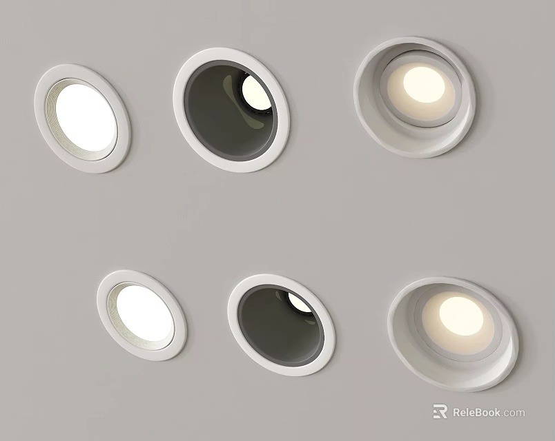 Six Round Downlights with White Trim Mounted on Gray Ceiling Some Illuminated 3d model