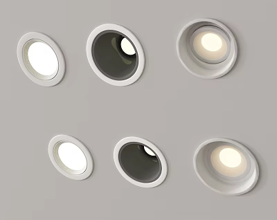Six Round Downlights with White Trim Mounted on Gray Ceiling Some Illuminated 3d model