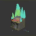 Miniature Scene With Small House Pine Trees Rock Base And Green Grass