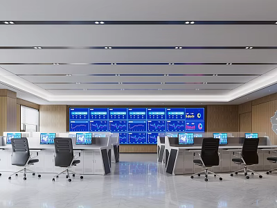 Surveillance Control Room Interior Design With Multiple Monitoring Screens Workstations And Chairs 3d model