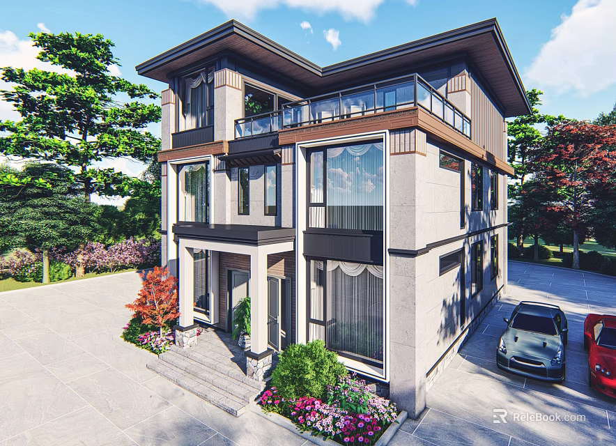 Modern Two Story Detached Villa With Large Windows Garden And Parking Space 3d model 