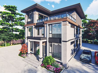 Modern Two Story Detached Villa With Large Windows Garden And Parking Space 3d model