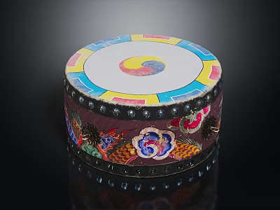Traditional Musical Drum With Artistic Painted Patterns And Decorative Beaded Accents 3d model