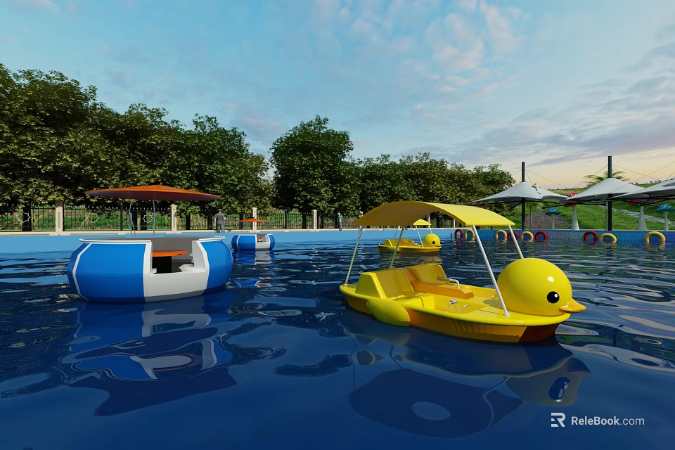 Water Amusement Equipment Featuring Yellow Duck Paddle Boats Blue Pavilions And Sun Umbrellas In Pool 3d model 