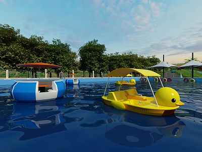 Water Amusement Equipment Featuring Yellow Duck Paddle Boats Blue Pavilions And Sun Umbrellas In Pool 3d model