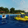 Water Amusement Equipment Featuring Yellow Duck Paddle Boats Blue Pavilions And Sun Umbrellas In Pool