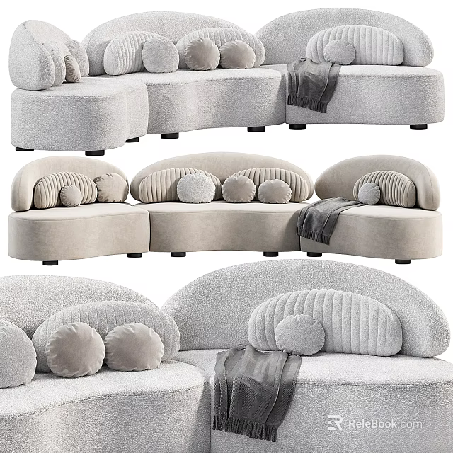 Modern Light Gray Soft Fabric Two Seater Sofa With Round Pillows And Throw Blanket 3d model