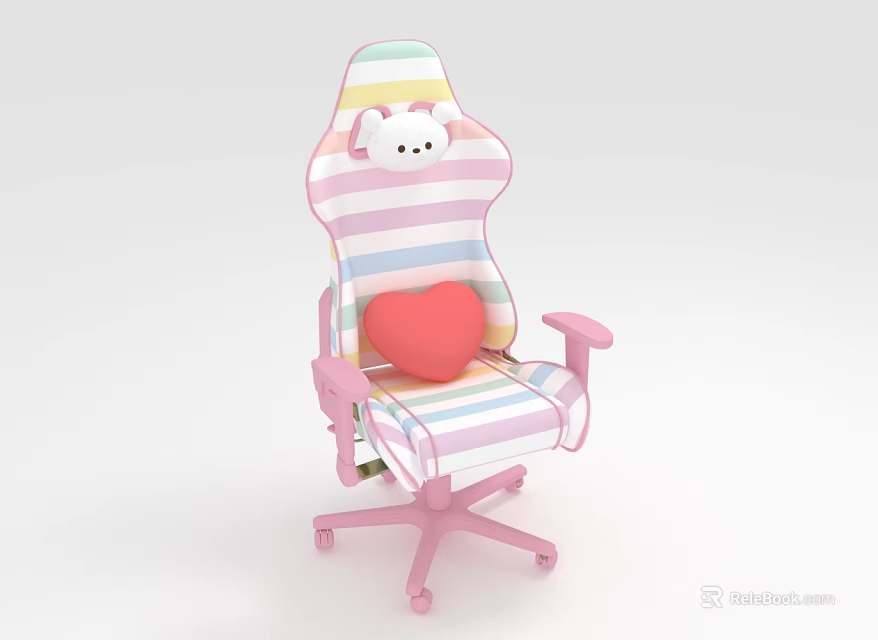Cute Colorful Striped Chair With Pink Frame Teddy Bear Decor And Heart Shaped Cushion 3d model 