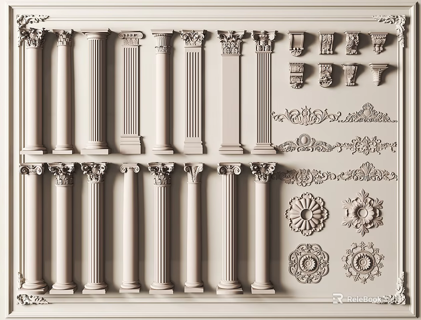 Classical Roman Columns with Various Capitals and Ornate Decorative Details for Architectural Design Displays 3d model 