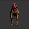 Horned Dinosaur Model With Red And Black Stripes Open Mouth On Gray Background