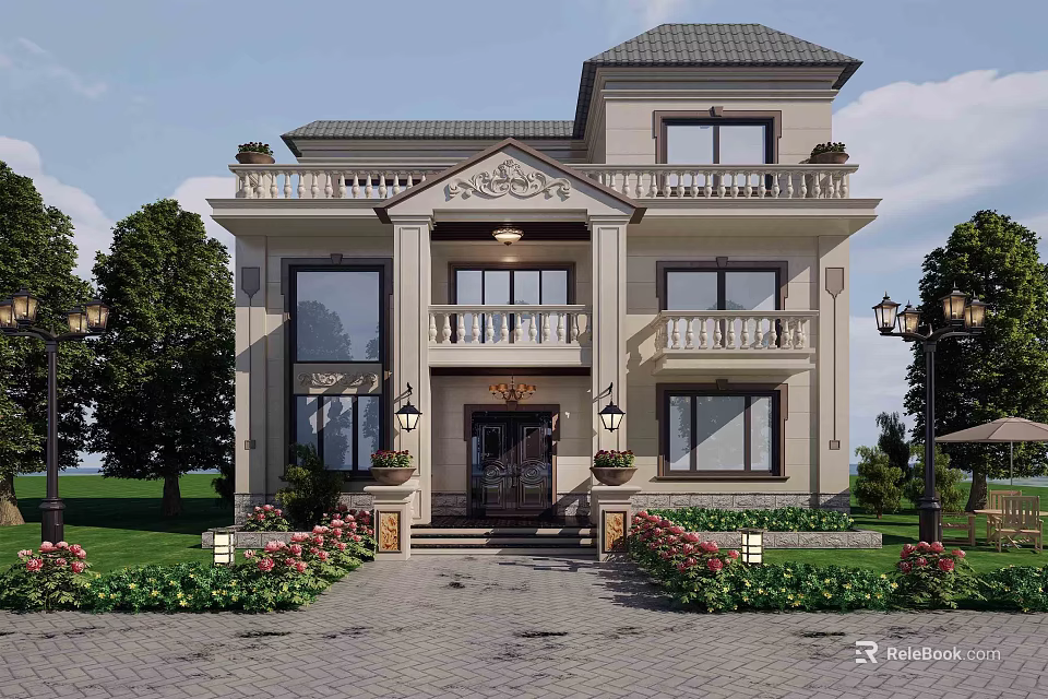 European Style Two Story Detached Villa with Front Balcony Greenery Lawn and Lamp Posts 3d model 