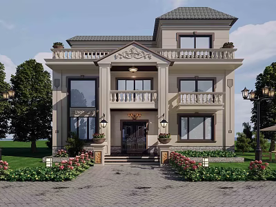 European Style Two Story Detached Villa with Front Balcony Greenery Lawn and Lamp Posts 3d model