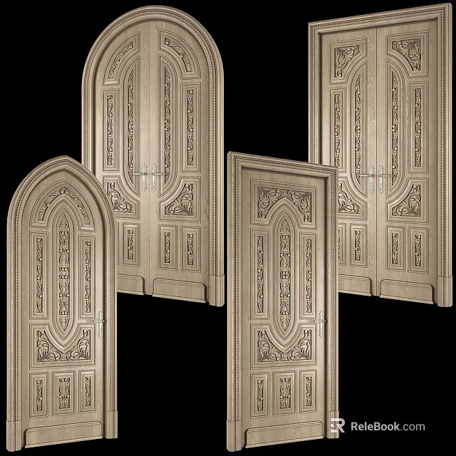 Classic Carved Wooden Double Doors With Intricate Patterns For Entryway Design 3d model 