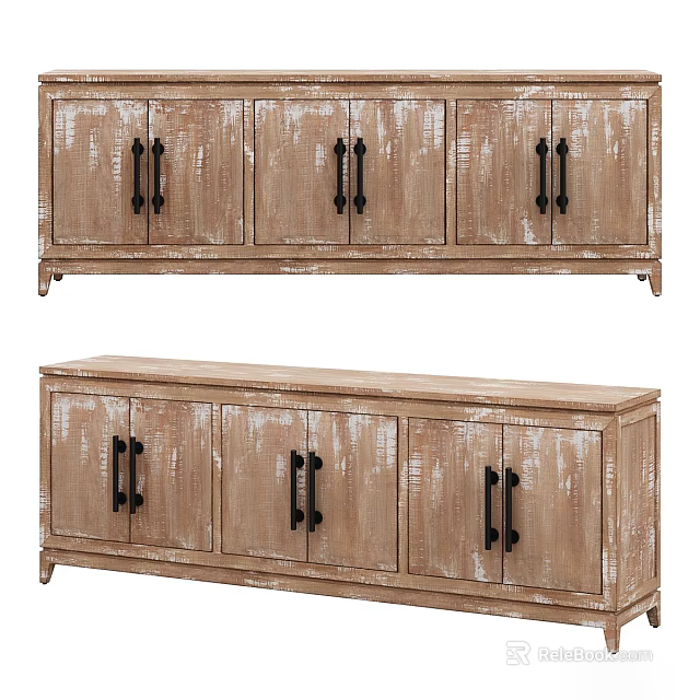 Vintage Wooden Storage Cabinets With Distressed Finish Black Handles And Multiple Doors 3d model 