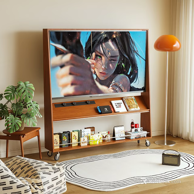 Wooden TV Stand With Large Screen TV Shelves Decorative Items Green Plant And Floor Lamp 3d model 