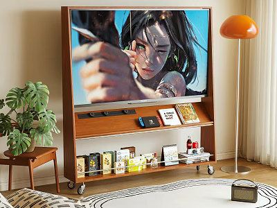 Wooden TV Stand With Large Screen TV Shelves Decorative Items Green Plant And Floor Lamp 3d model