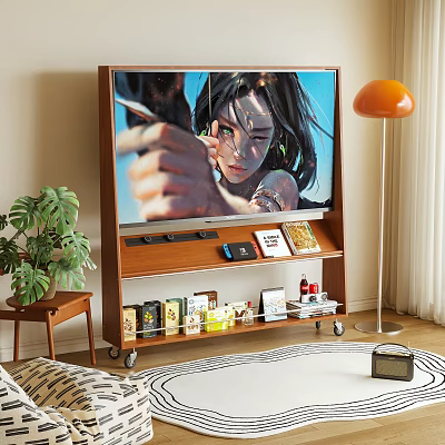 Wooden TV Stand With Large Screen TV Shelves Decorative Items Green Plant And Floor Lamp 3d model