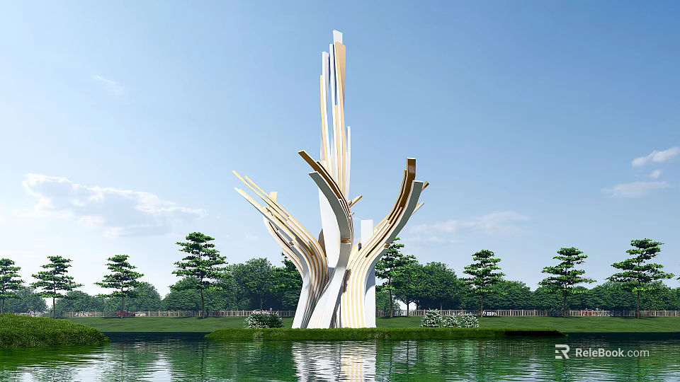 Modern Branch Shaped Spiritual Fortress Sculpture White Gold By Lake With Green Trees Blue Sky 3d model 