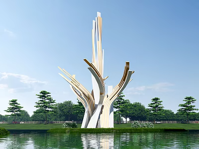 Modern Branch Shaped Spiritual Fortress Sculpture White Gold By Lake With Green Trees Blue Sky 3d model