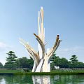 Modern Branch Shaped Spiritual Fortress Sculpture White Gold By Lake With Green Trees Blue Sky