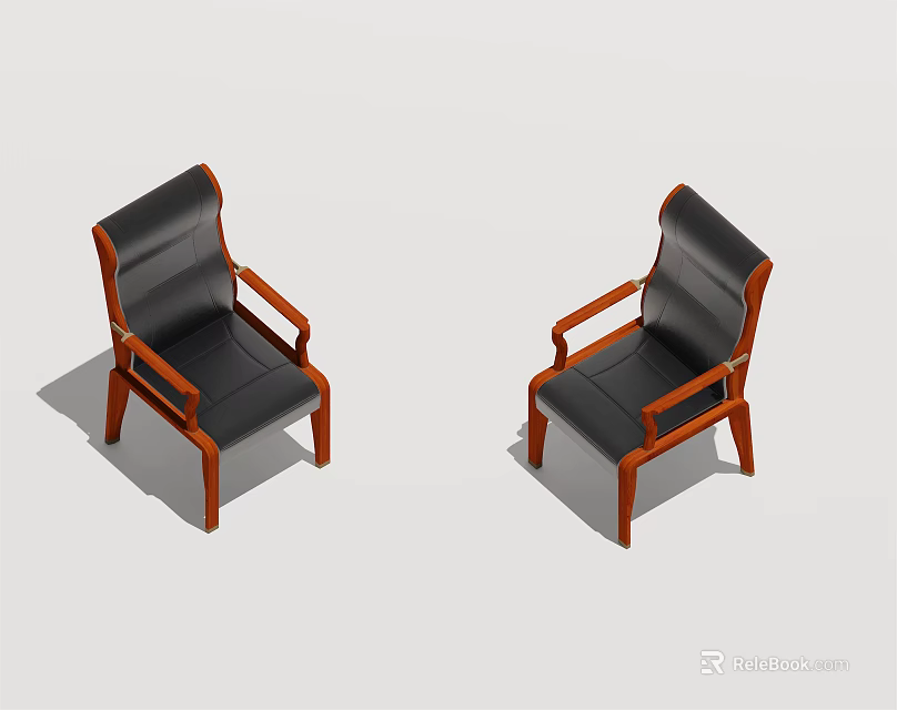 Two Modern Office Chairs with Black Leather Seats Wooden Armrests and Brown Legs 3d model 