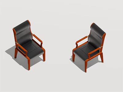 Two Modern Office Chairs with Black Leather Seats Wooden Armrests and Brown Legs 3d model