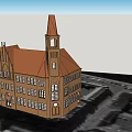 Classical Style Office Building With Brown Exterior Red Brown Roof And Tower