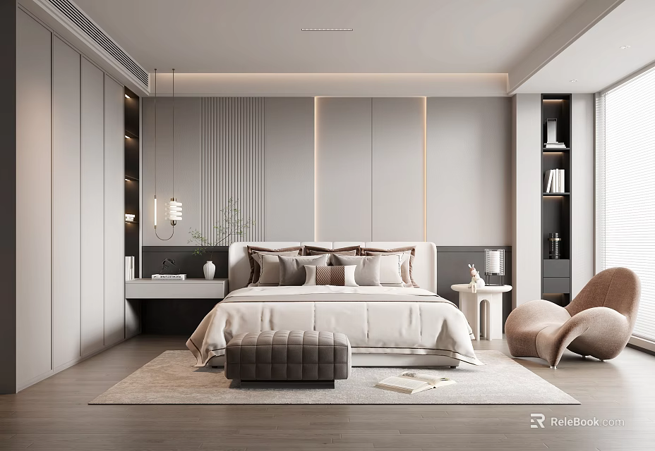 Modern Bedroom Interior Design With Soft Linen Bed Accent Chair And Hanging Light 3d model 