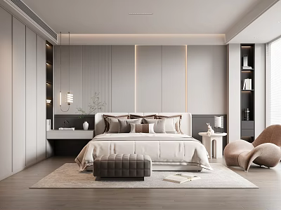 Modern Bedroom Interior Design With Soft Linen Bed Accent Chair And Hanging Light 3d model