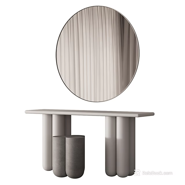 Modern Minimalist Dressing Table Design With Round Mirror And Vertical Striped Curtains 3d model 