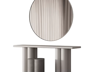 Modern Minimalist Dressing Table Design With Round Mirror And Vertical Striped Curtains 3d model