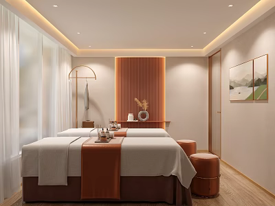 Elegant SPA Sauna Interior With Two Massage Beds White Linens Brown Accents And Soft Lighting 3d model