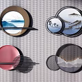 Modern Wall Decor Featuring Circular Plates With Landscape Patterns And Geometric Designs 3d model