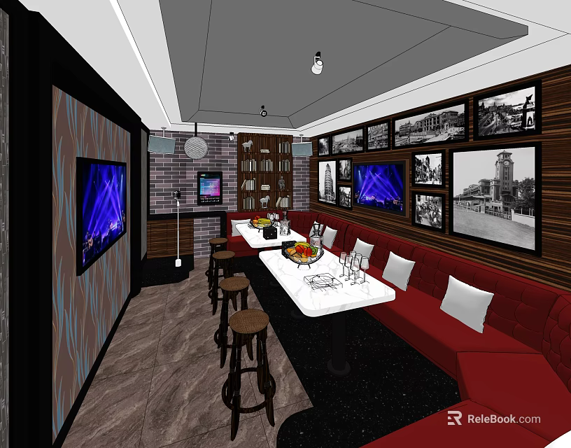 KTV Interior With Red Sofas White Long Table Fruit Platter And Large Screen TVs 3d model 