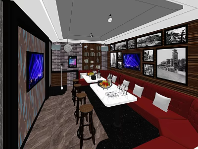KTV Interior With Red Sofas White Long Table Fruit Platter And Large Screen TVs 3d model